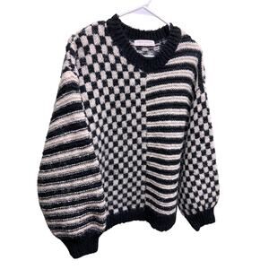 Stitch + Feather Black White Mixed Print Sweater Size M Stripe Check